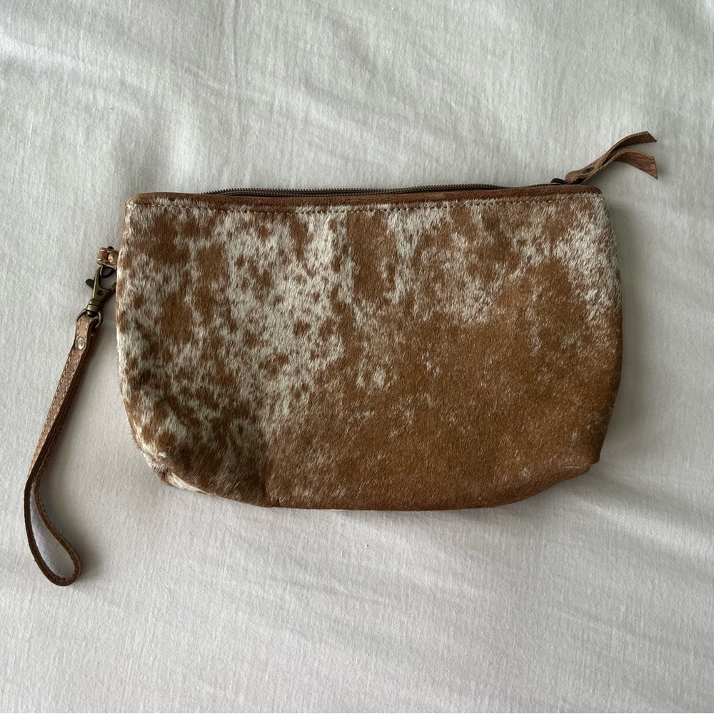 Myra Bag Brown White Calf Hair Leather Small Clutch Wristlet Bag Purse
